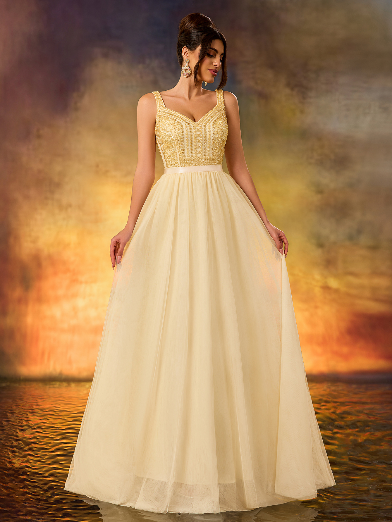 Modecrush Women's Sequins Sparkling A Swing Dress Elegant V-neck Tulle Flutter Evening Dress For Wedding Guest Formal Evening Birthday Party