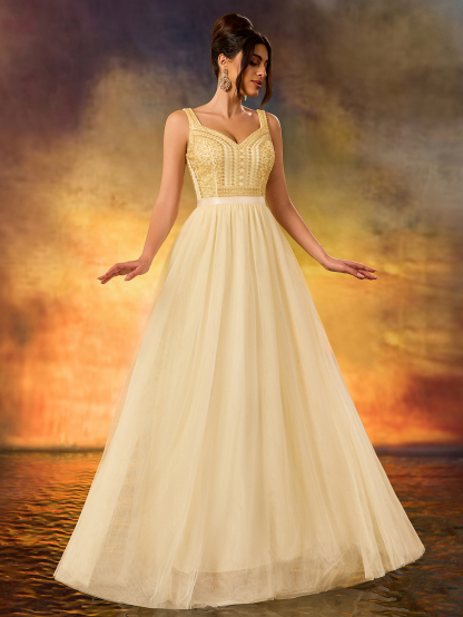 Modecrush Women's Sequins Sparkling A Swing Dress Elegant V-neck Tulle Flutter Evening Dress For Wedding Guest Formal Evening Birthday Party