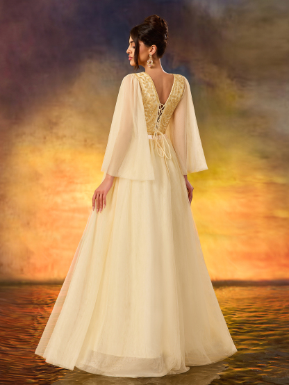 Modecrush Women's Beaded A Swing Dress Elegant Tulle Flowing Evening Dress For Wedding Guest Formal Evening Birthday Party