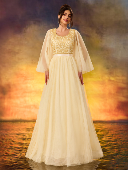 Modecrush Women's Beaded A Swing Dress Elegant Tulle Flowing Evening Dress For Wedding Guest Formal Evening Birthday Party