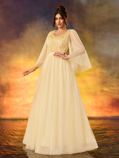 Modecrush Women's Beaded A Swing Dress Elegant Tulle Flowing Evening Dress For Wedding Guest Formal Evening Birthday Party