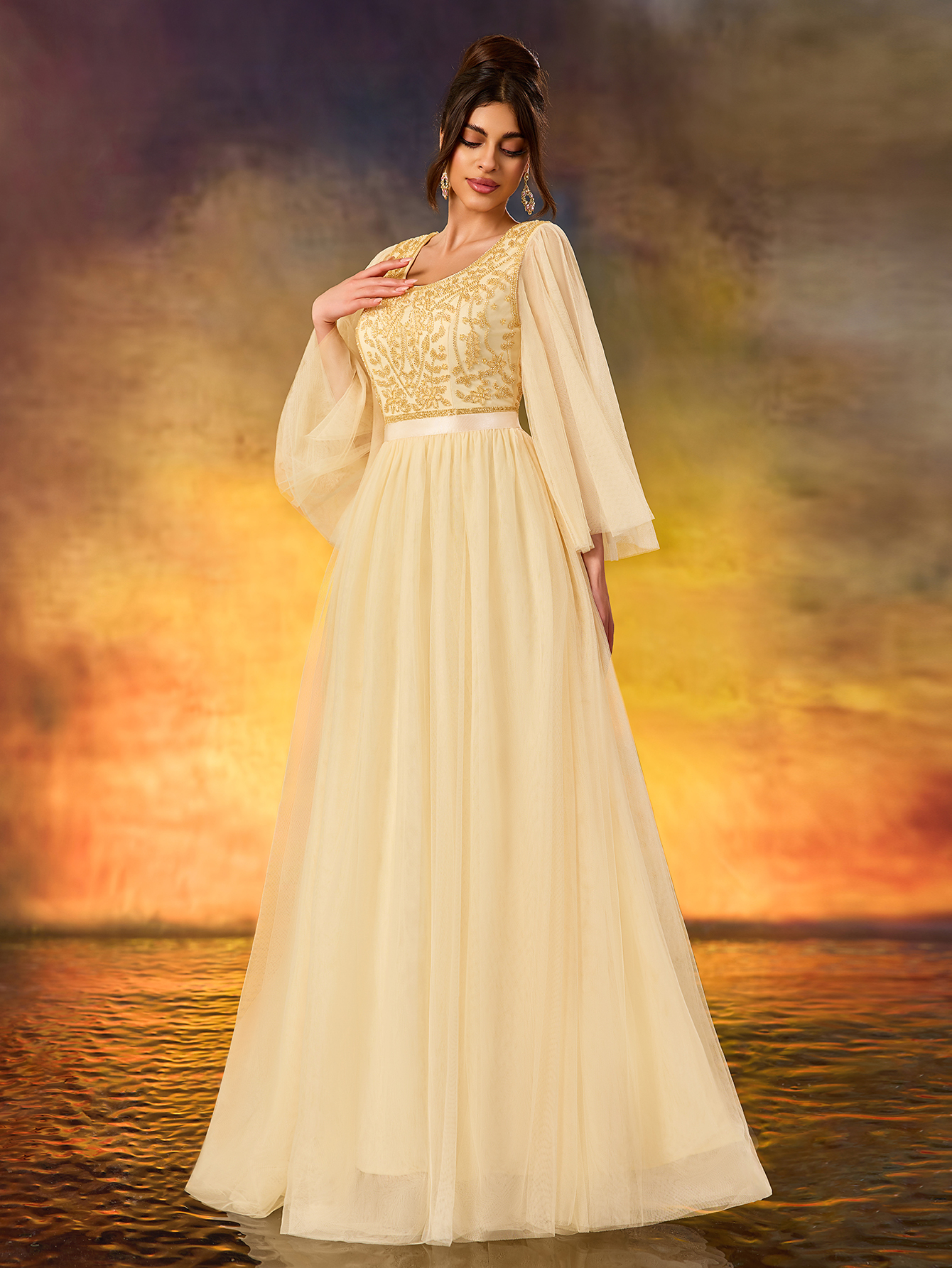 Modecrush Women's Beaded A Swing Dress Elegant Tulle Flowing Evening Dress For Wedding Guest Formal Evening Birthday Party