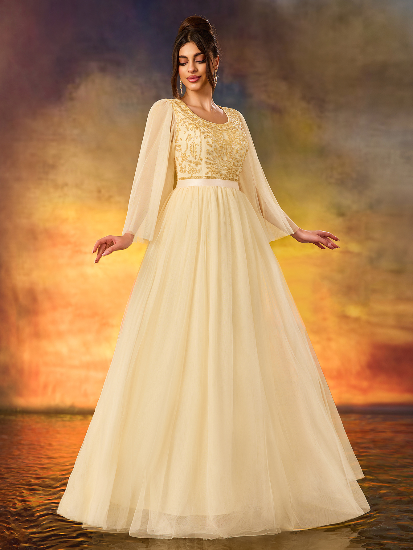 Modecrush Women's Beaded A Swing Dress Elegant Tulle Flowing Evening Dress For Wedding Guest Formal Evening Birthday Party