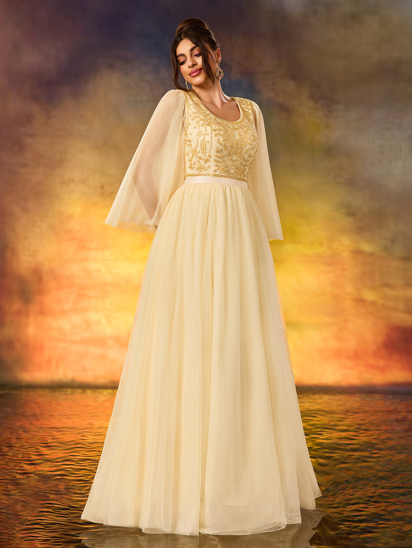 Modecrush Women's Beaded A Swing Dress Elegant Tulle Flowing Evening Dress For Wedding Guest Formal Evening Birthday Party