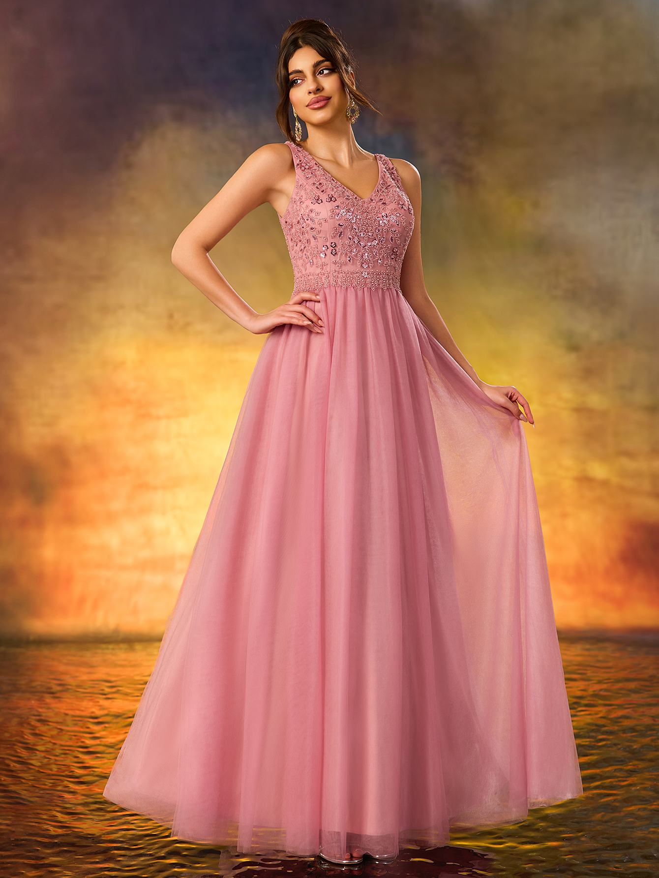 Modecrush Sequin Glitter Dress V-Neck Backless Dress For Wedding Guests,Party,Formal Dinner,Prom