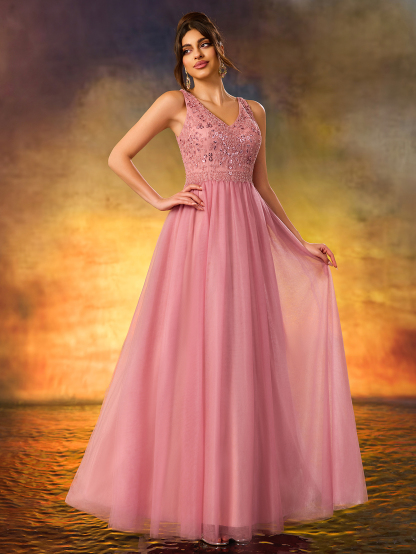 Modecrush Sequin Glitter Dress V-Neck Backless Dress For Wedding Guests,Party,Formal Dinner,Prom