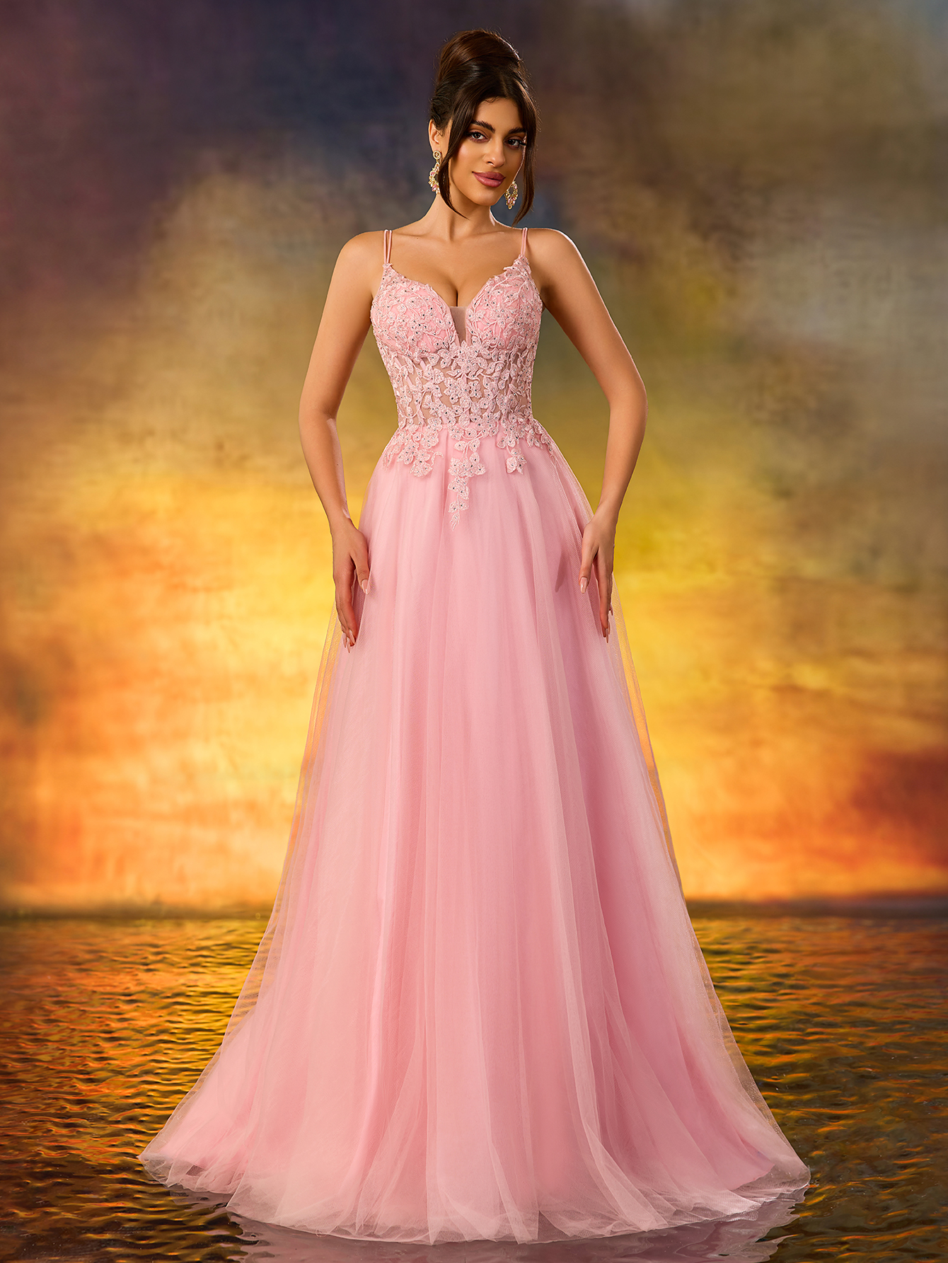 Modecrush A Line Sweetheart Neck Applique Evening Prom Dress Spaghetti Tulle Lace Up Party Dress