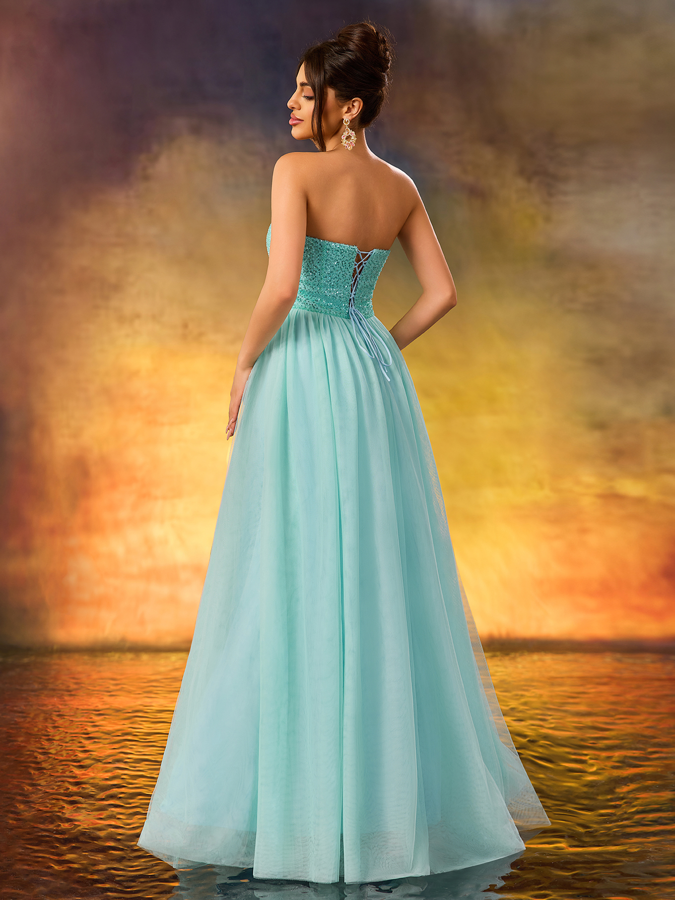 Modecrush Strapless a Line Blue Sequins Long Prom Formal Party Gown Dress De Noche Wedding Guest Dress, For Graduation, Dinner