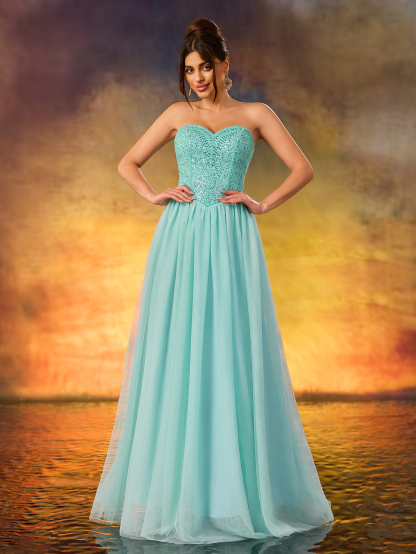 Modecrush Strapless a Line Blue Sequins Long Prom Formal Party Gown Dress De Noche Wedding Guest Dress, For Graduation, Dinner