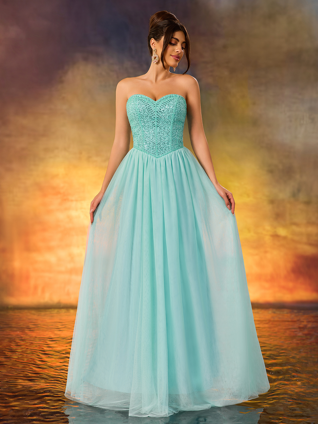 Modecrush Strapless a Line Blue Sequins Long Prom Formal Party Gown Dress De Noche Wedding Guest Dress, For Graduation, Dinner