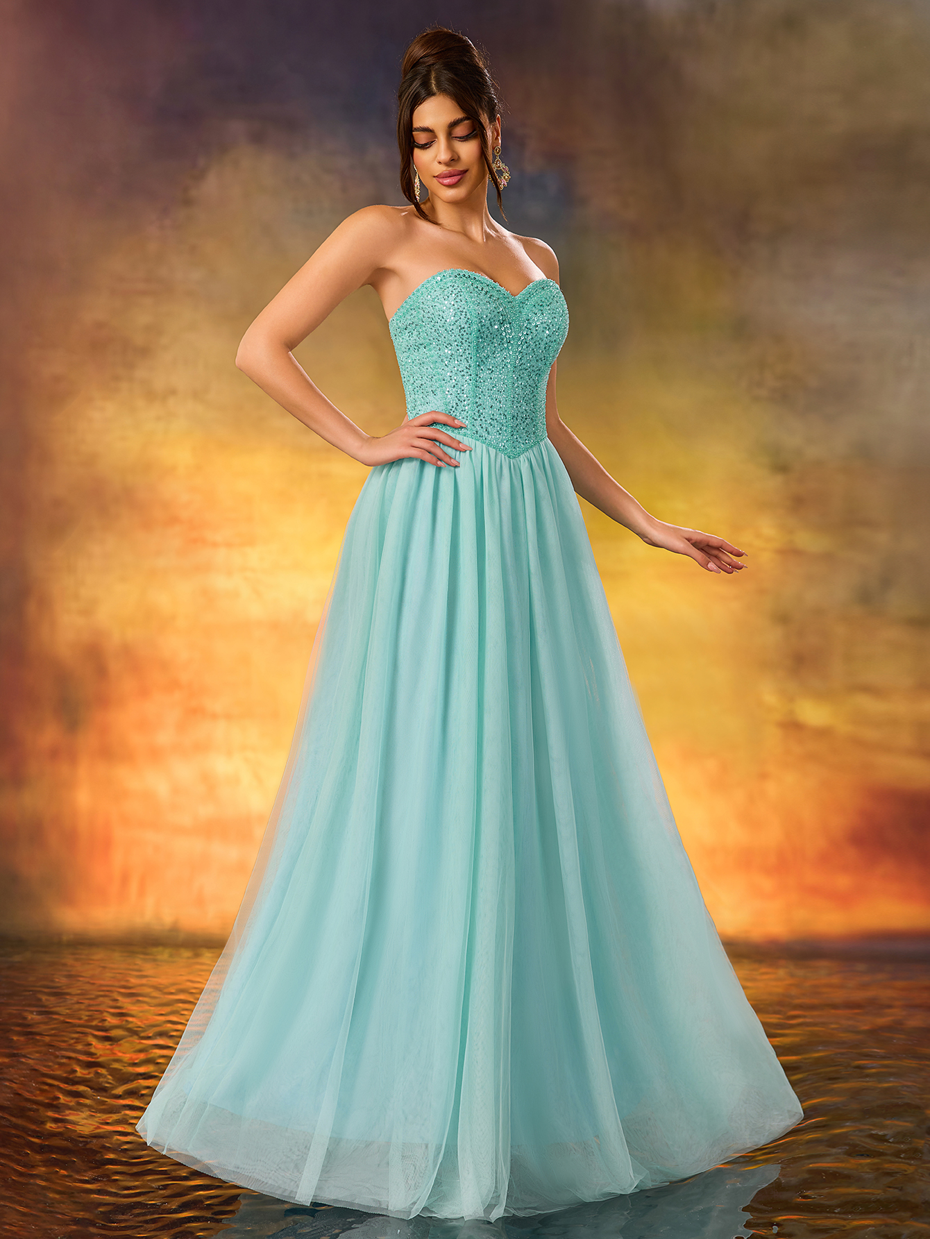 Modecrush Strapless a Line Blue Sequins Long Prom Formal Party Gown Dress De Noche Wedding Guest Dress, For Graduation, Dinner