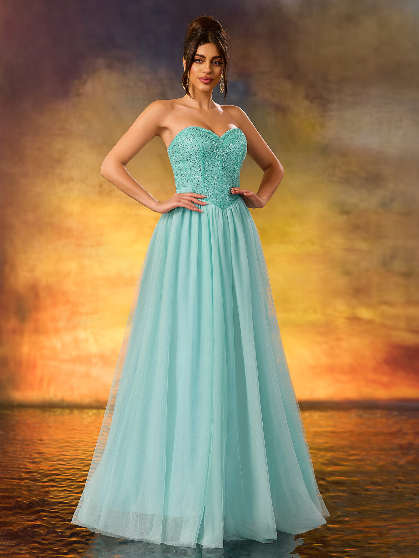 Modecrush Strapless a Line Blue Sequins Long Prom Formal Party Gown Dress De Noche Wedding Guest Dress, For Graduation, Dinner