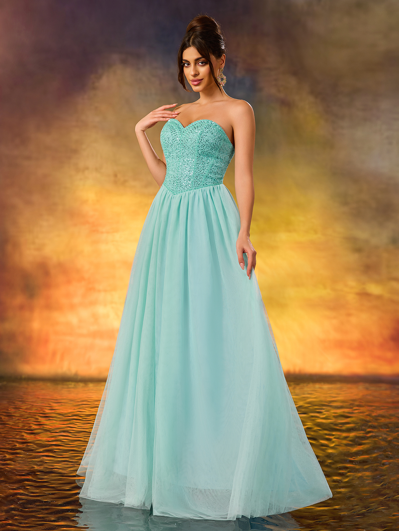 Modecrush Strapless a Line Blue Sequins Long Prom Formal Party Gown Dress De Noche Wedding Guest Dress, For Graduation, Dinner