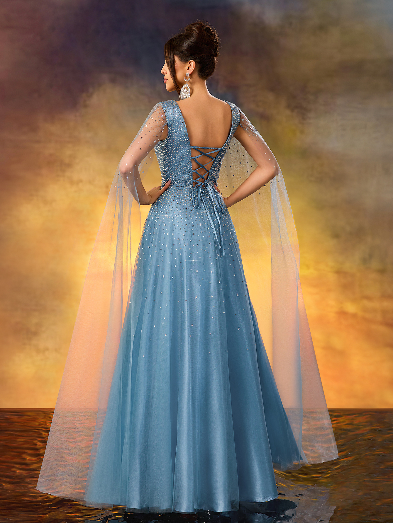 Modecrush Luxurious Beaded V-Neck Evening Gown With Cascading Sheer Side Panels & Dramatic Thigh-High Slit - Floor-Length Formal Dress