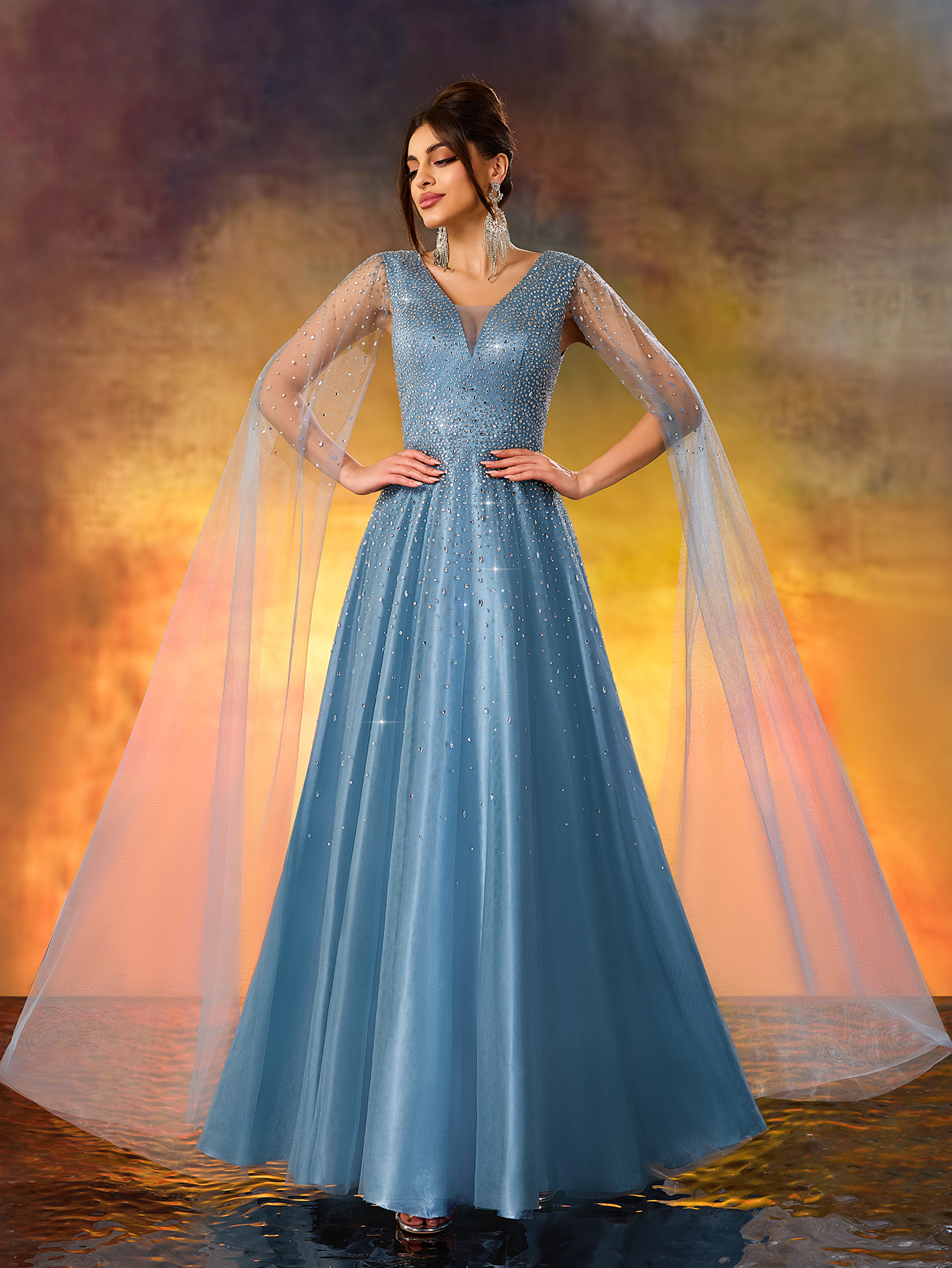 Modecrush Luxurious Beaded V-Neck Evening Gown With Cascading Sheer Side Panels & Dramatic Thigh-High Slit - Floor-Length Formal Dress