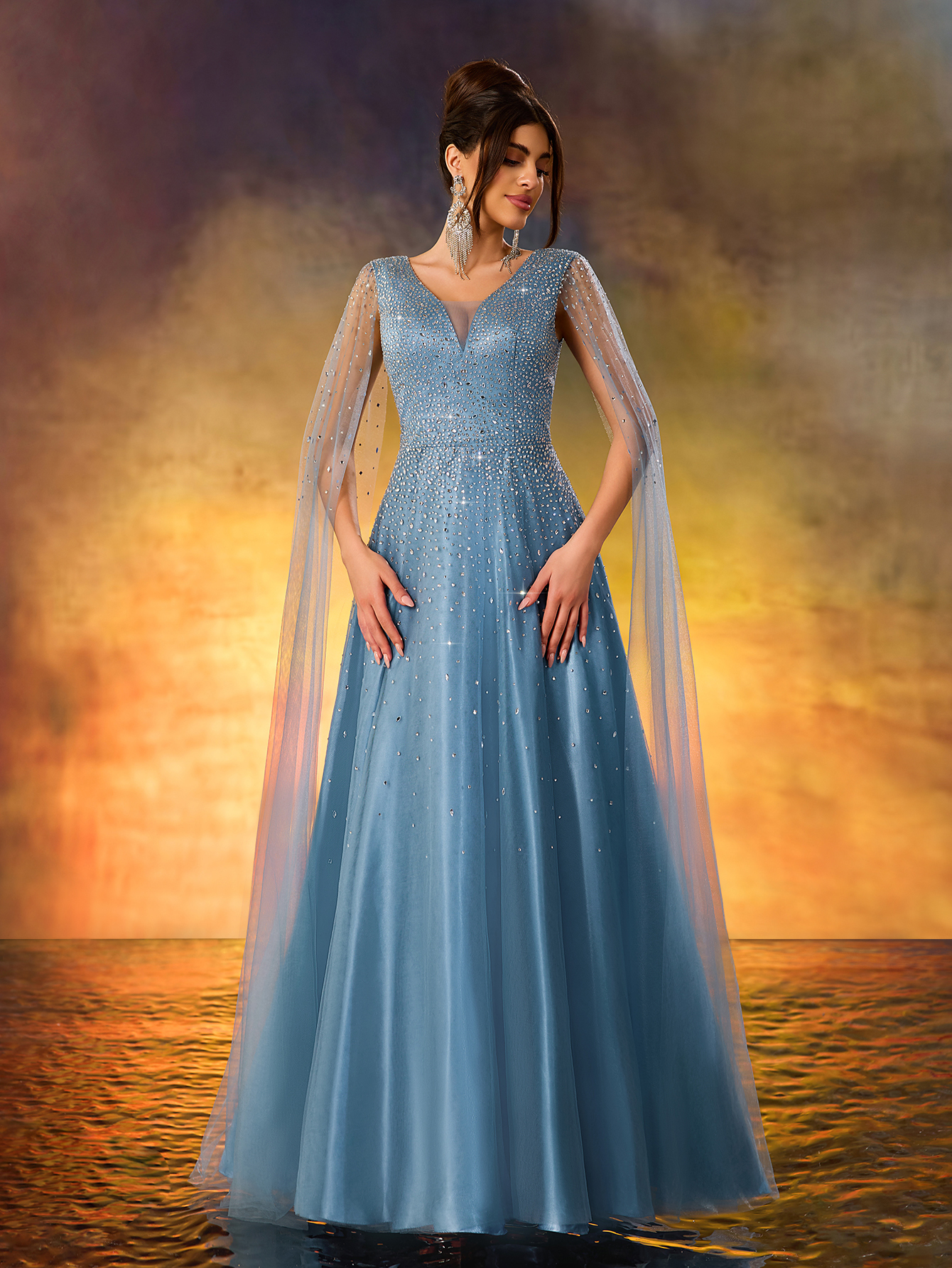 Modecrush Luxurious Beaded V-Neck Evening Gown With Cascading Sheer Side Panels & Dramatic Thigh-High Slit - Floor-Length Formal Dress