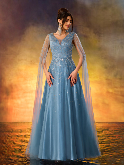 Modecrush Luxurious Beaded V-Neck Evening Gown With Cascading Sheer Side Panels & Dramatic Thigh-High Slit - Floor-Length Formal Dress