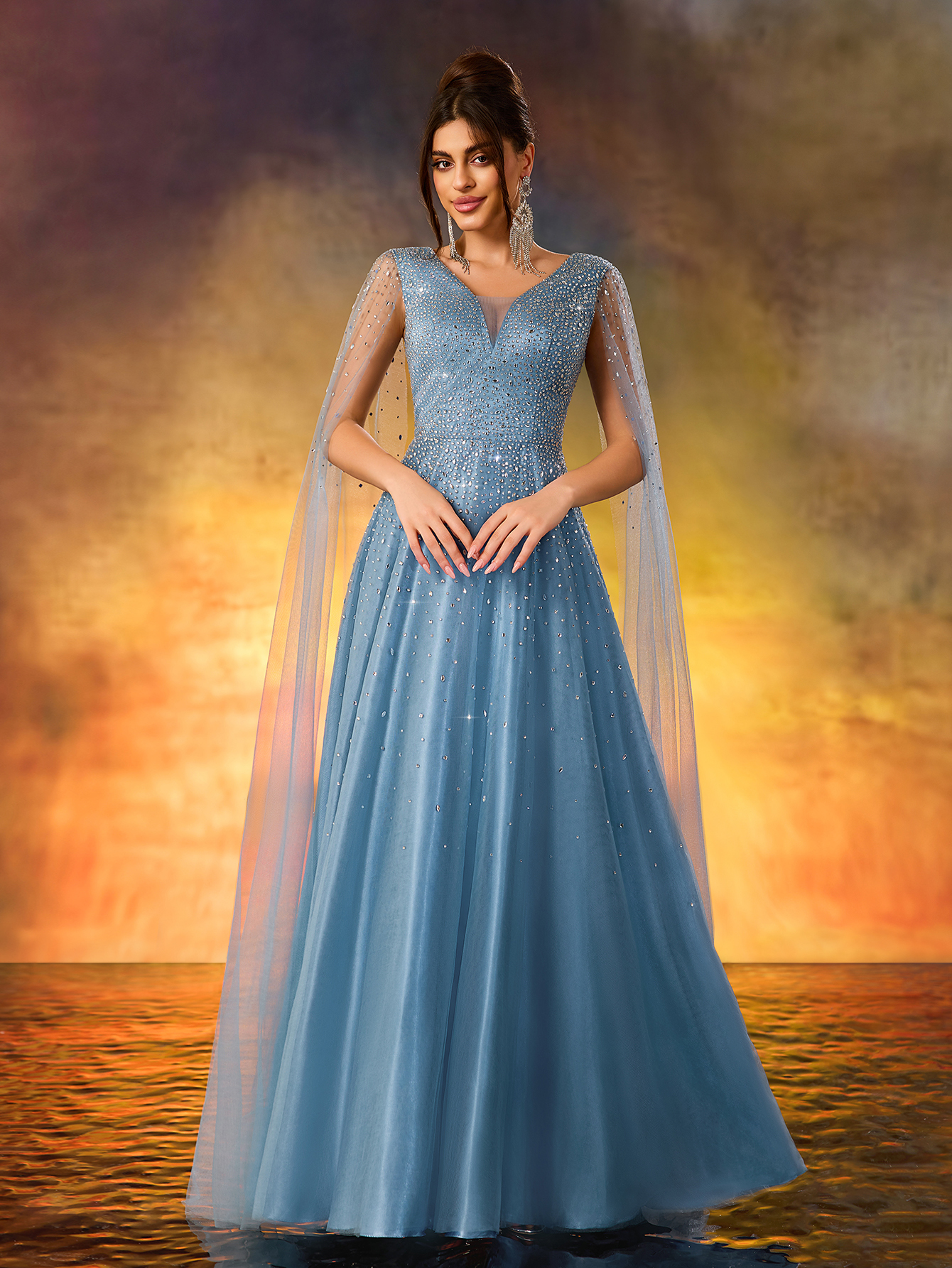 Modecrush Luxurious Beaded V-Neck Evening Gown With Cascading Sheer Side Panels & Dramatic Thigh-High Slit - Floor-Length Formal Dress