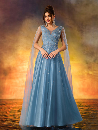 Modecrush Luxurious Beaded V-Neck Evening Gown With Cascading Sheer Side Panels & Dramatic Thigh-High Slit - Floor-Length Formal Dress