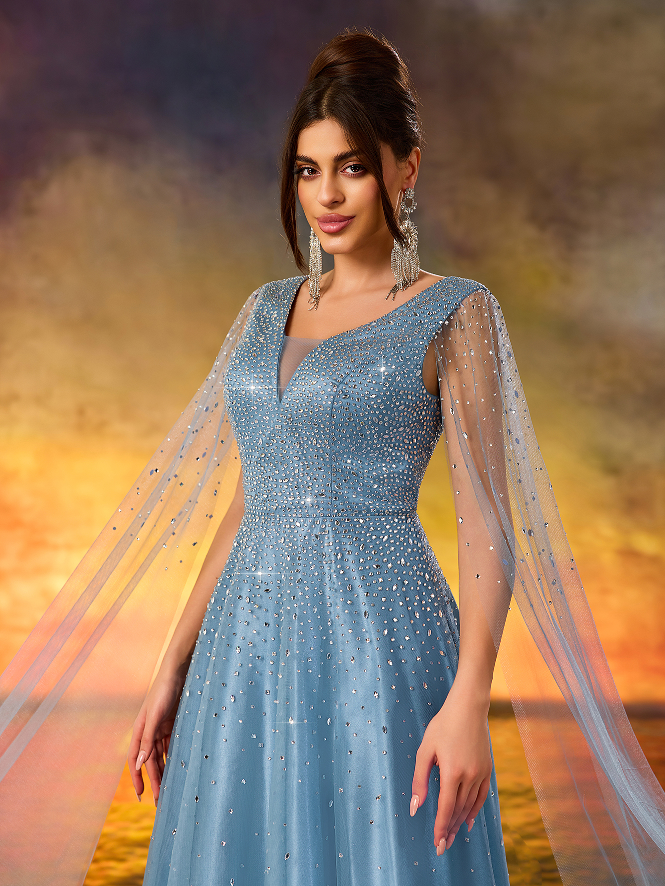 Modecrush Luxurious Beaded V-Neck Evening Gown With Cascading Sheer Side Panels & Dramatic Thigh-High Slit - Floor-Length Formal Dress