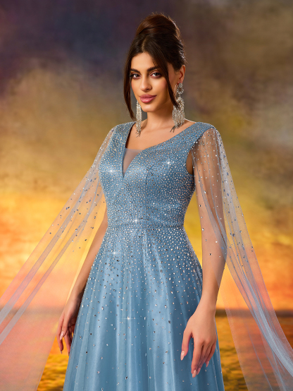 Modecrush Luxurious Beaded V-Neck Evening Gown With Cascading Sheer Side Panels & Dramatic Thigh-High Slit - Floor-Length Formal Dress