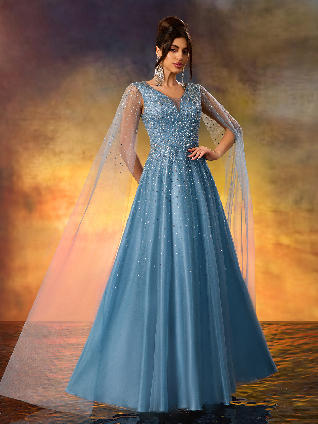 Modecrush Luxurious Beaded V-Neck Evening Gown With Cascading Sheer Side Panels & Dramatic Thigh-High Slit - Floor-Length Formal Dress