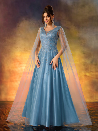 Modecrush Luxurious Beaded V-Neck Evening Gown With Cascading Sheer Side Panels & Dramatic Thigh-High Slit - Floor-Length Formal Dress