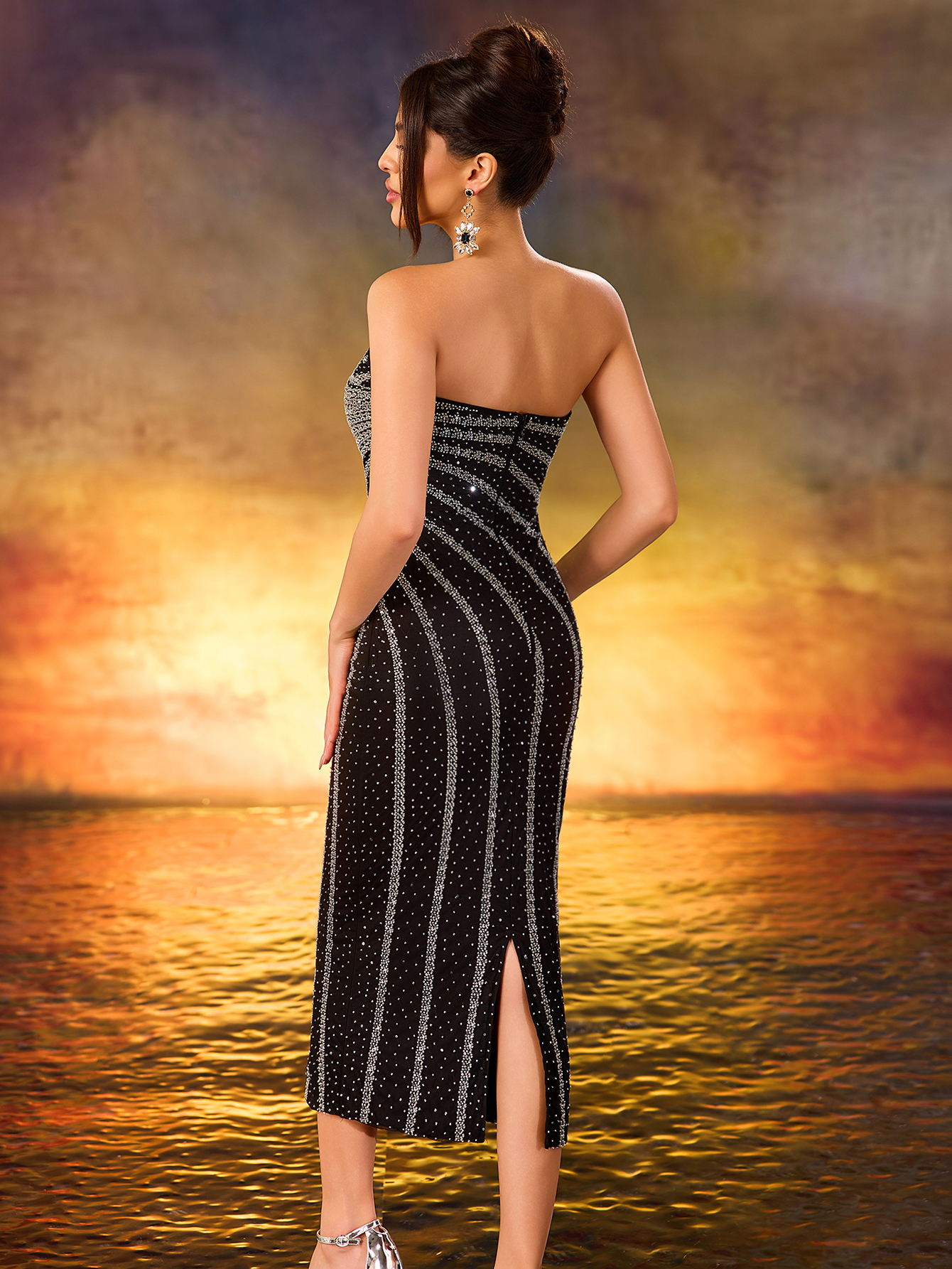 Modecrush Black Sequin and Bead - Embellished Strapless Slim - Fitting Gown, Diagonal Sequin and Bead Decoration, Slit Skirt, Ideal for Fashionable, Eye - Catching and Modern Occasions like Galas and Parties