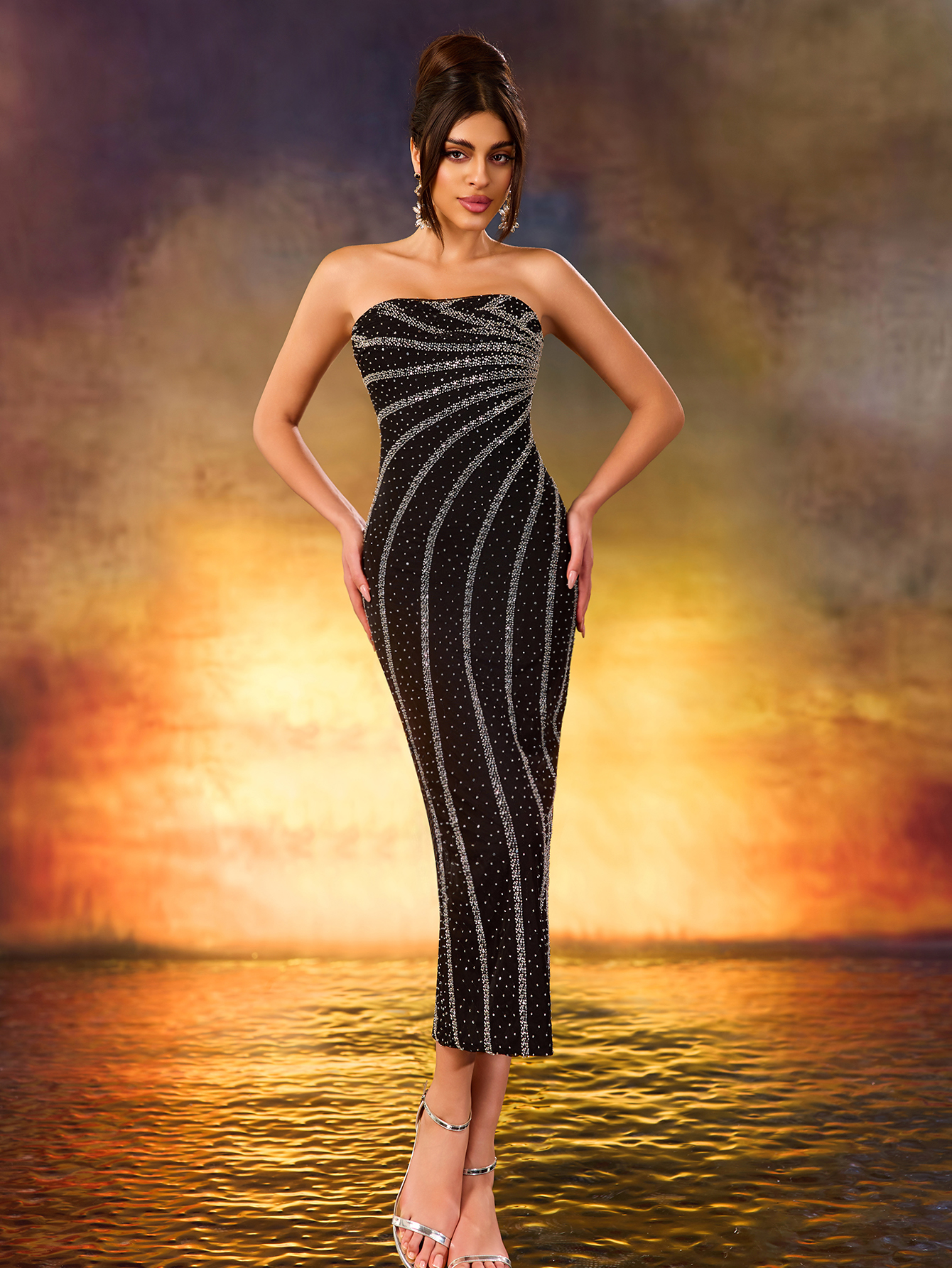 Modecrush Black Sequin and Bead - Embellished Strapless Slim - Fitting Gown, Diagonal Sequin and Bead Decoration, Slit Skirt, Ideal for Fashionable, Eye - Catching and Modern Occasions like Galas and Parties