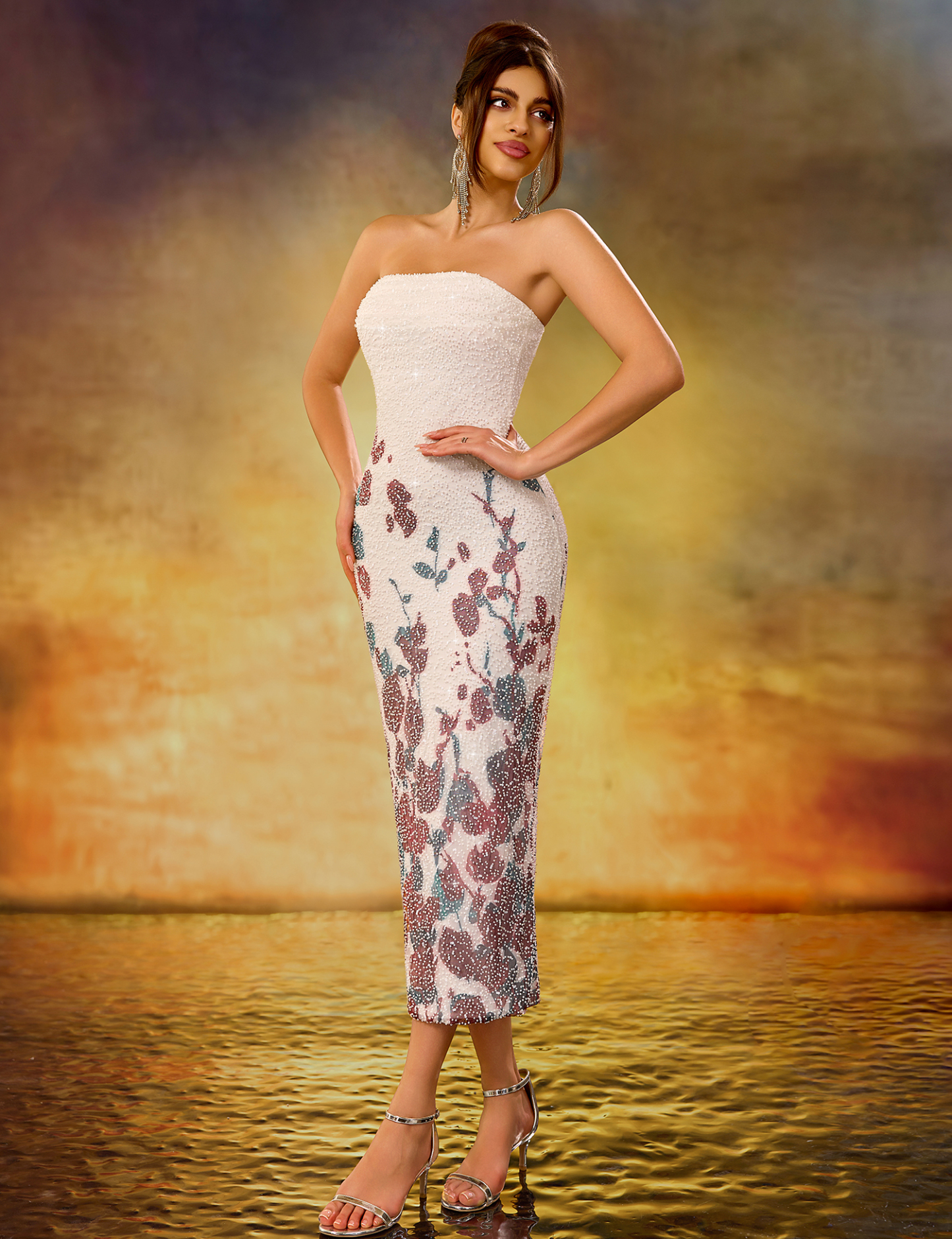 Heavy Beaded Embroidered Slim-Fit Stretch Mid-Length Strapless Dress with White Base and Prints