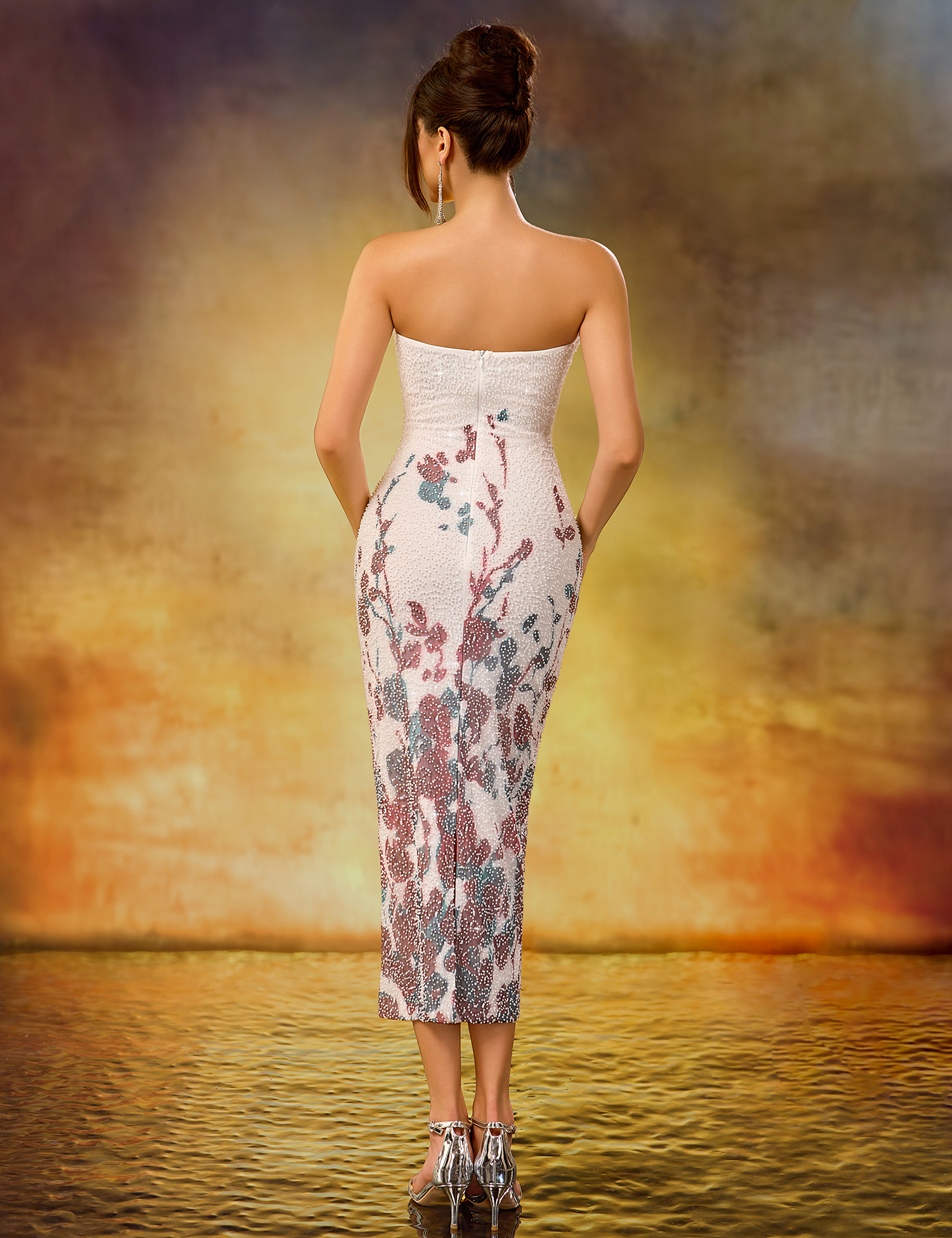 Heavy Beaded Embroidered Slim-Fit Stretch Mid-Length Strapless Dress with White Base and Prints