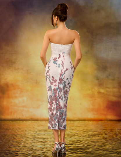 Heavy Beaded Embroidered Slim-Fit Stretch Mid-Length Strapless Dress with White Base and Prints