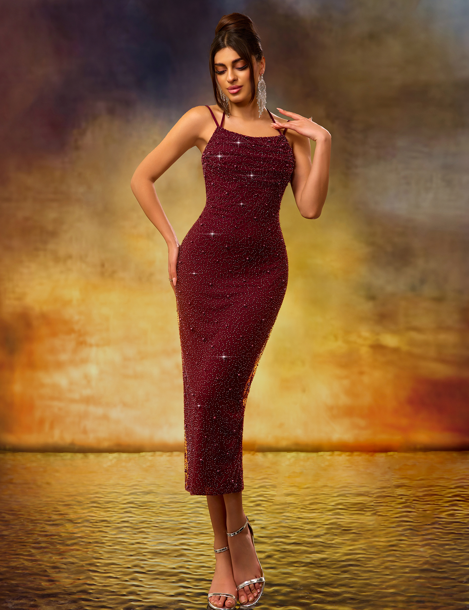 Elegant Heavy-Duty Burgundy Stretch Mid-Length Dress