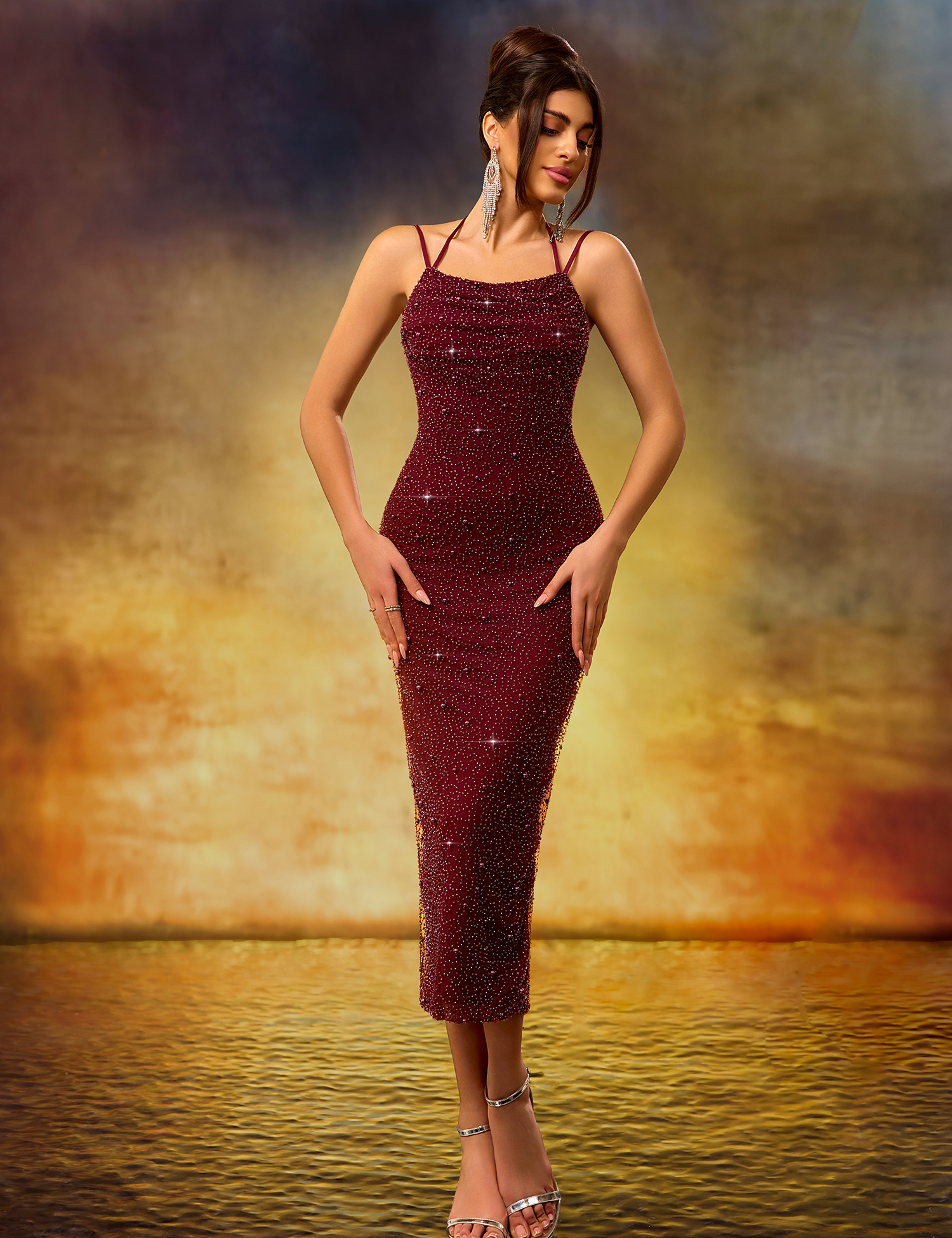 Elegant Heavy-Duty Burgundy Stretch Mid-Length Dress