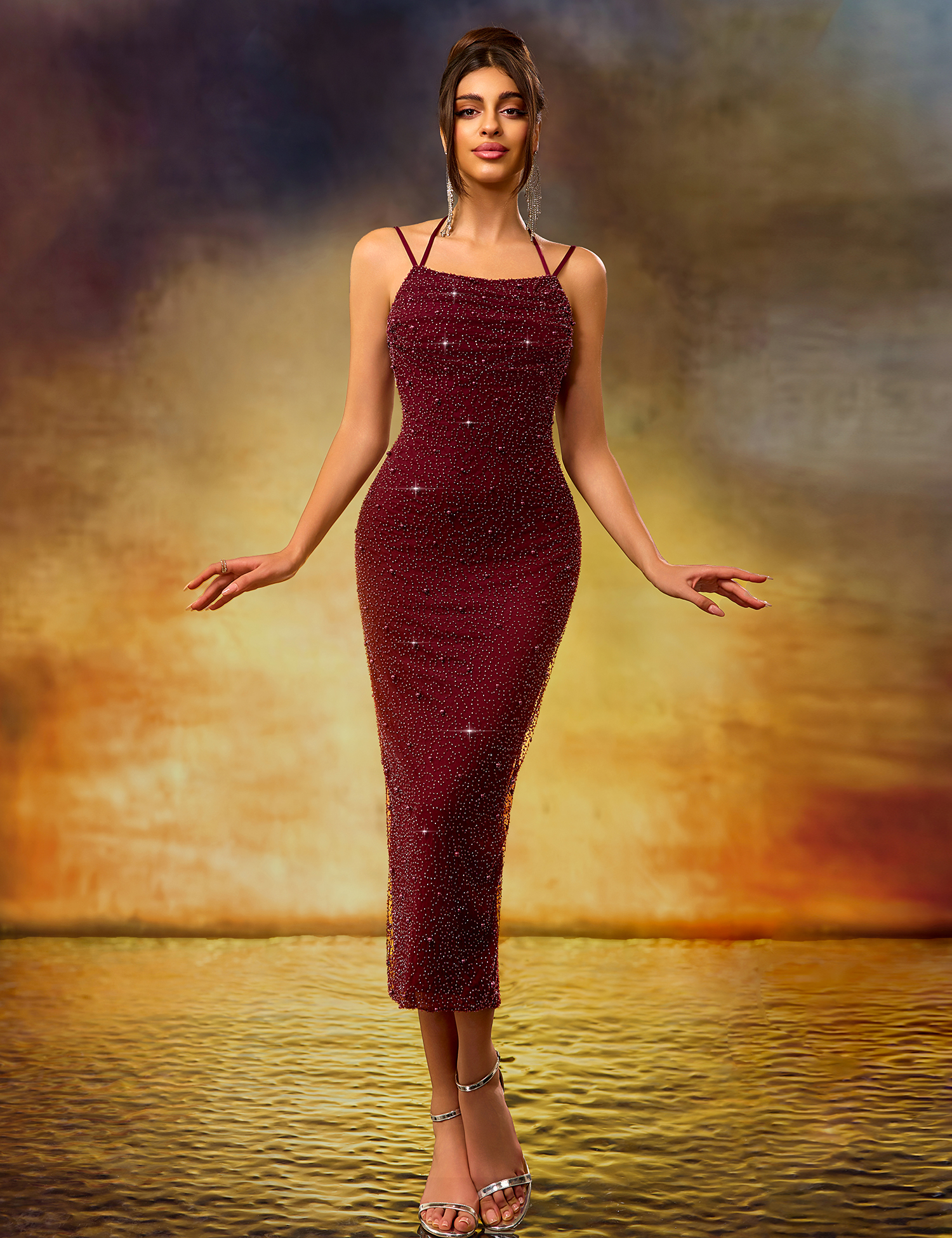 Elegant Heavy-Duty Burgundy Stretch Mid-Length Dress