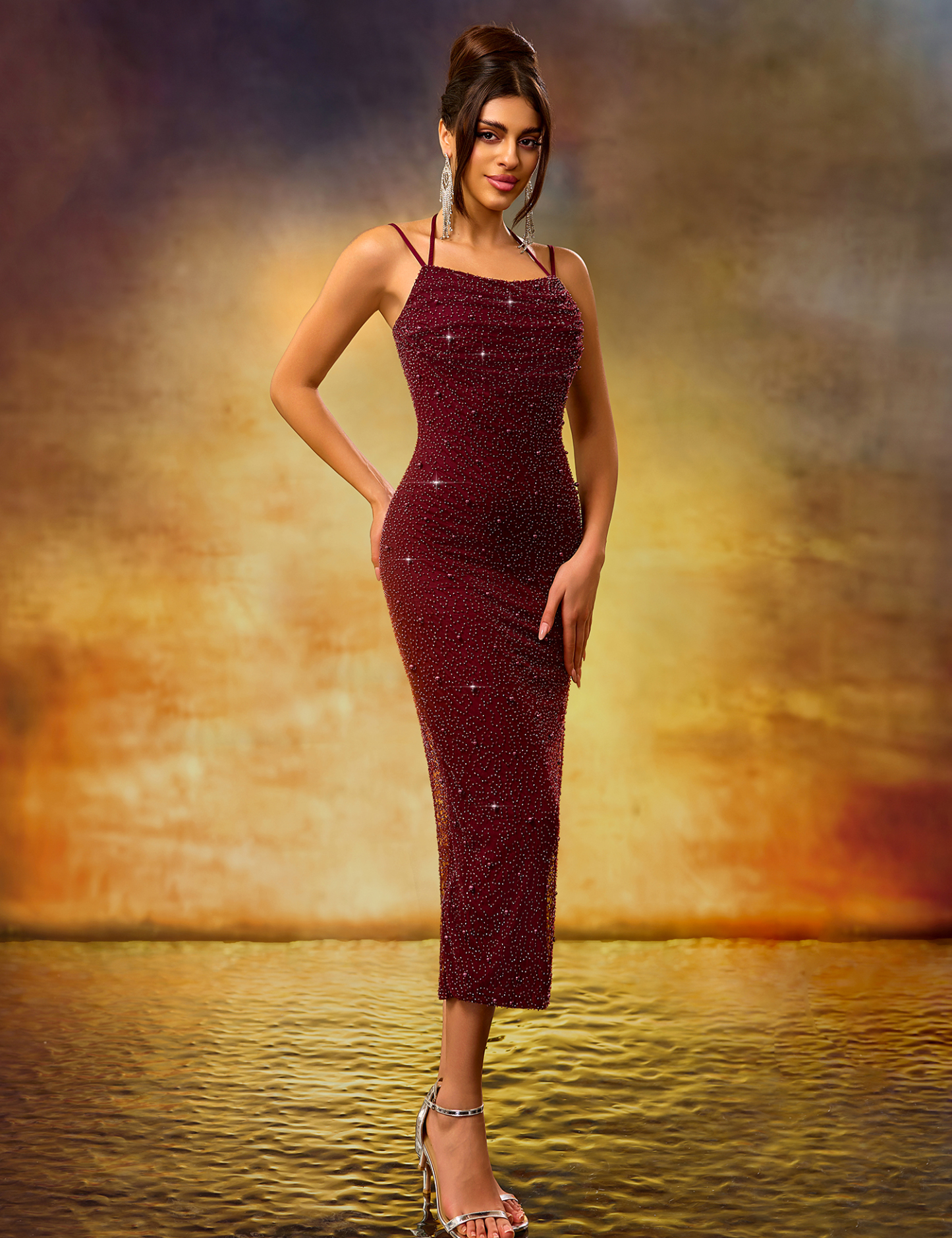 Elegant Heavy-Duty Burgundy Stretch Mid-Length Dress