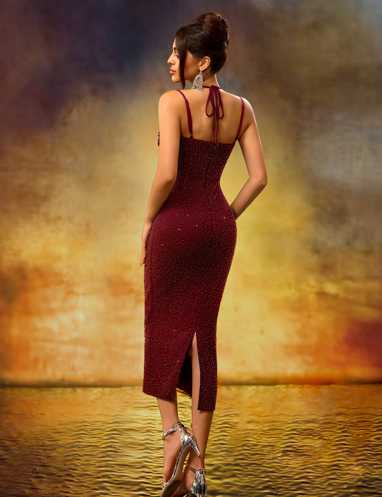 Elegant Heavy-Duty Burgundy Stretch Mid-Length Dress