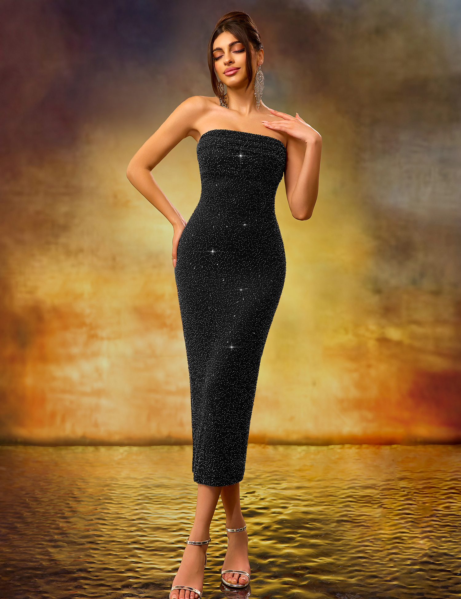 Elegant Heavy-Duty Strapless Black Stretch Mid-Length Dress