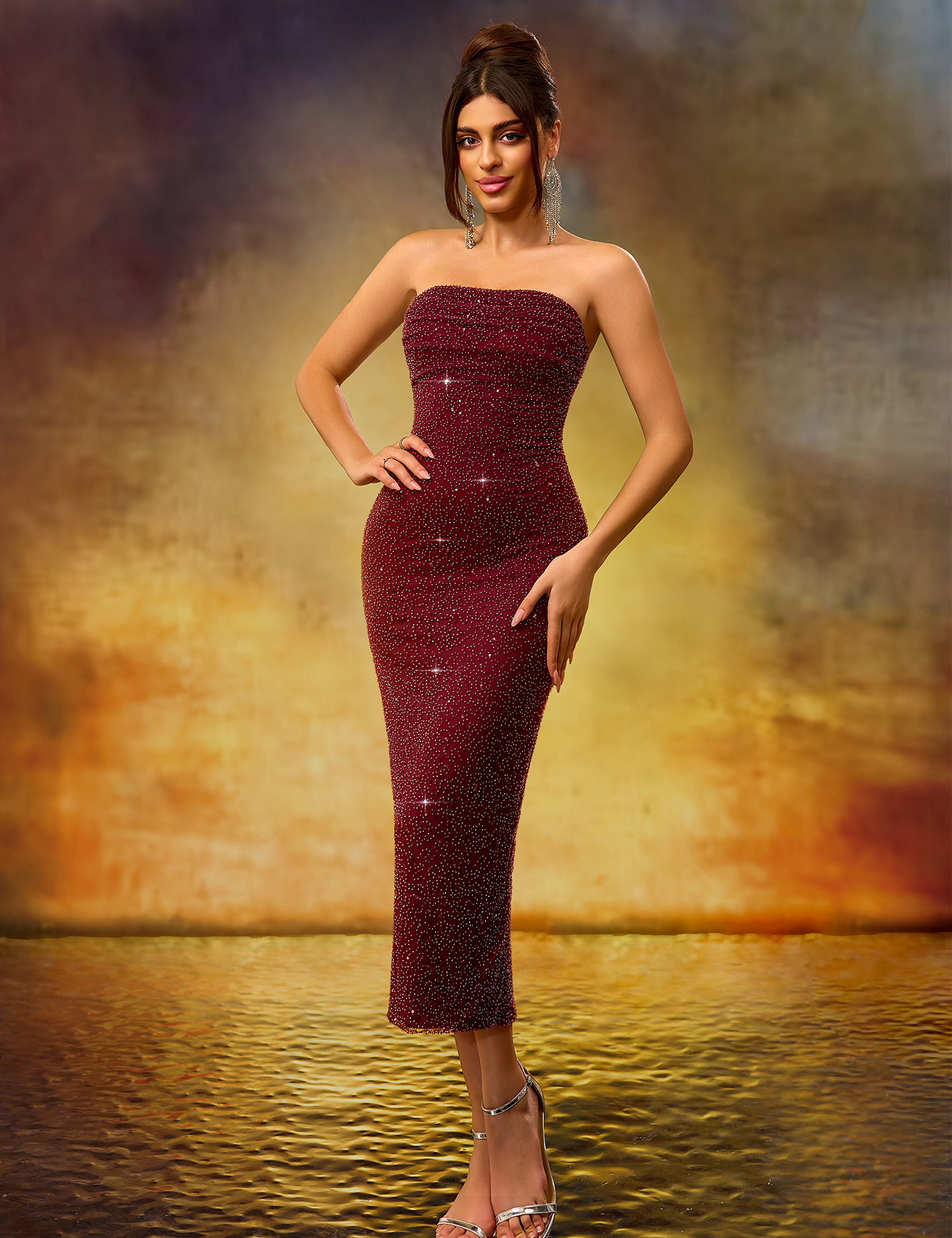 Elegant Heavy-Duty Strapless Burgundy Stretch Mid-Length Dress