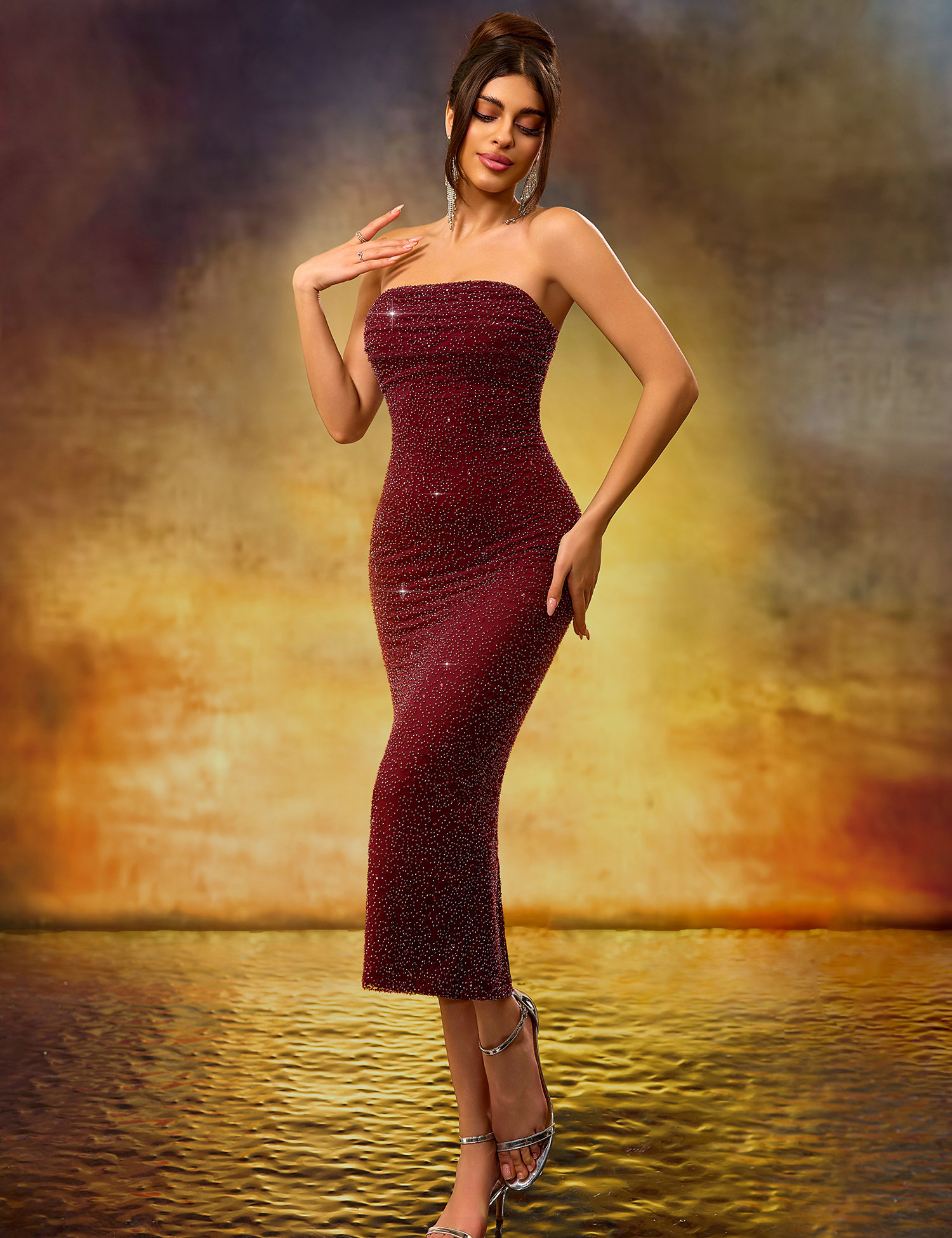 Elegant Heavy-Duty Strapless Burgundy Stretch Mid-Length Dress