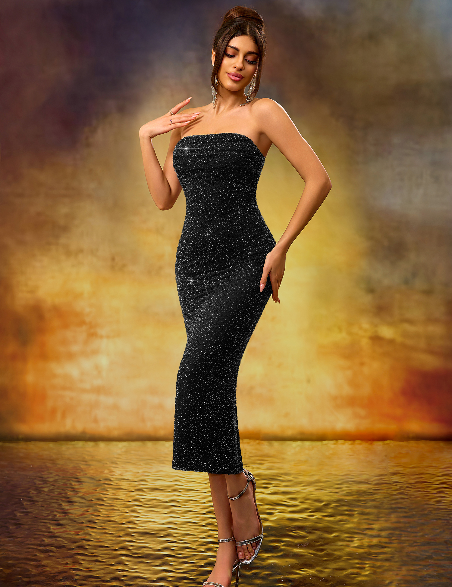 Elegant Heavy-Duty Strapless Black Stretch Mid-Length Dress