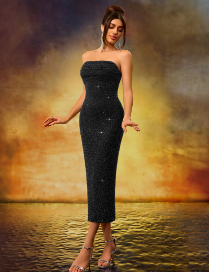 Elegant Heavy-Duty Strapless Black Stretch Mid-Length Dress