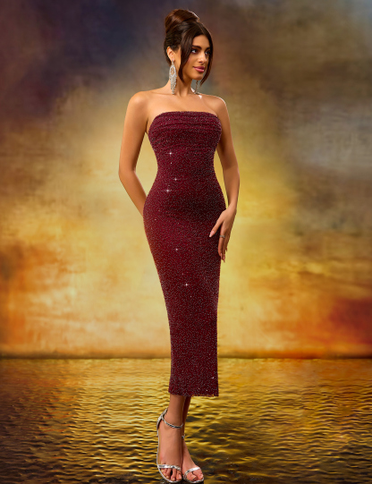 Elegant Heavy-Duty Strapless Burgundy Stretch Mid-Length Dress