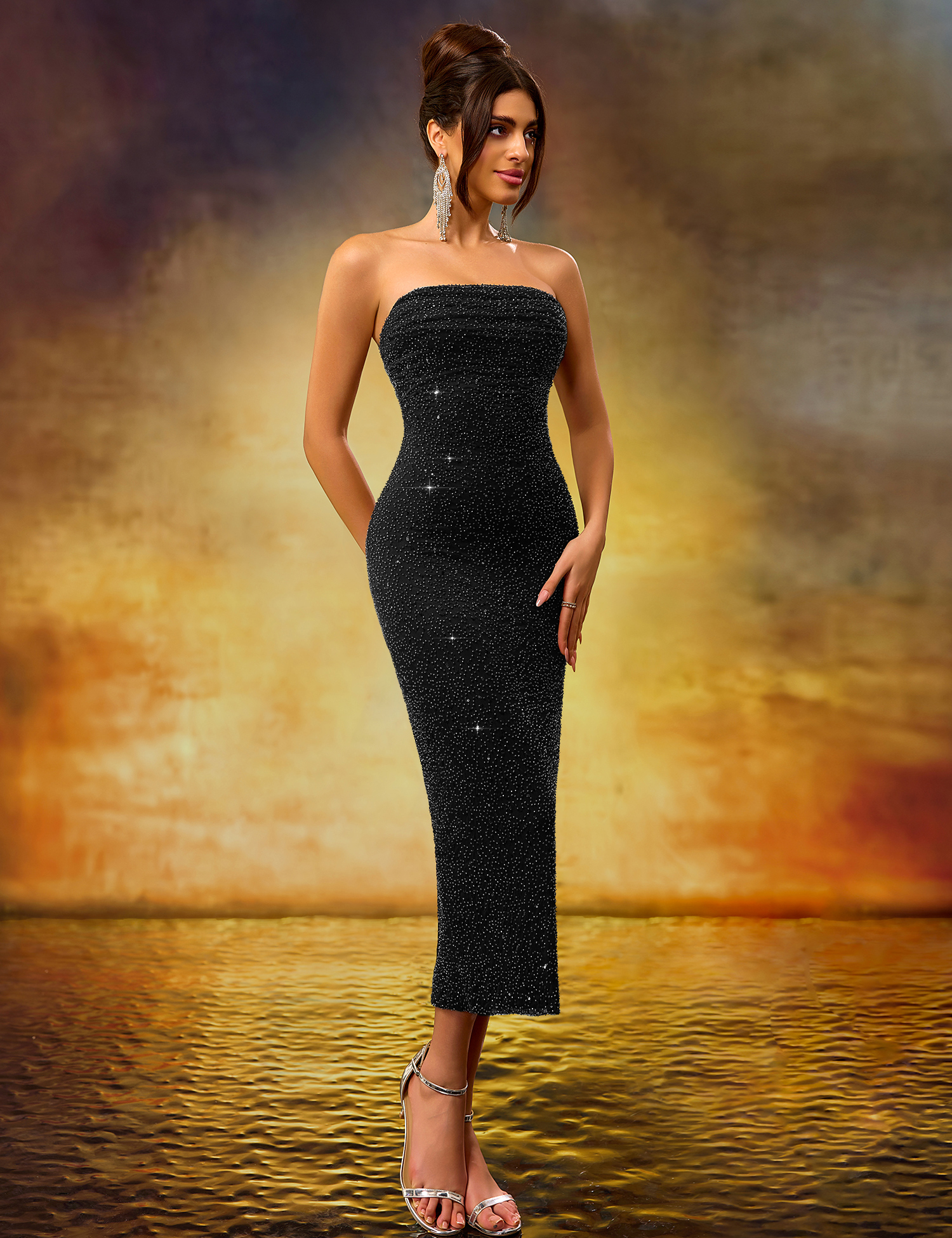 Elegant Heavy-Duty Strapless Black Stretch Mid-Length Dress