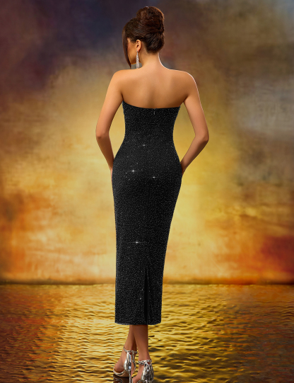 Elegant Heavy-Duty Strapless Black Stretch Mid-Length Dress