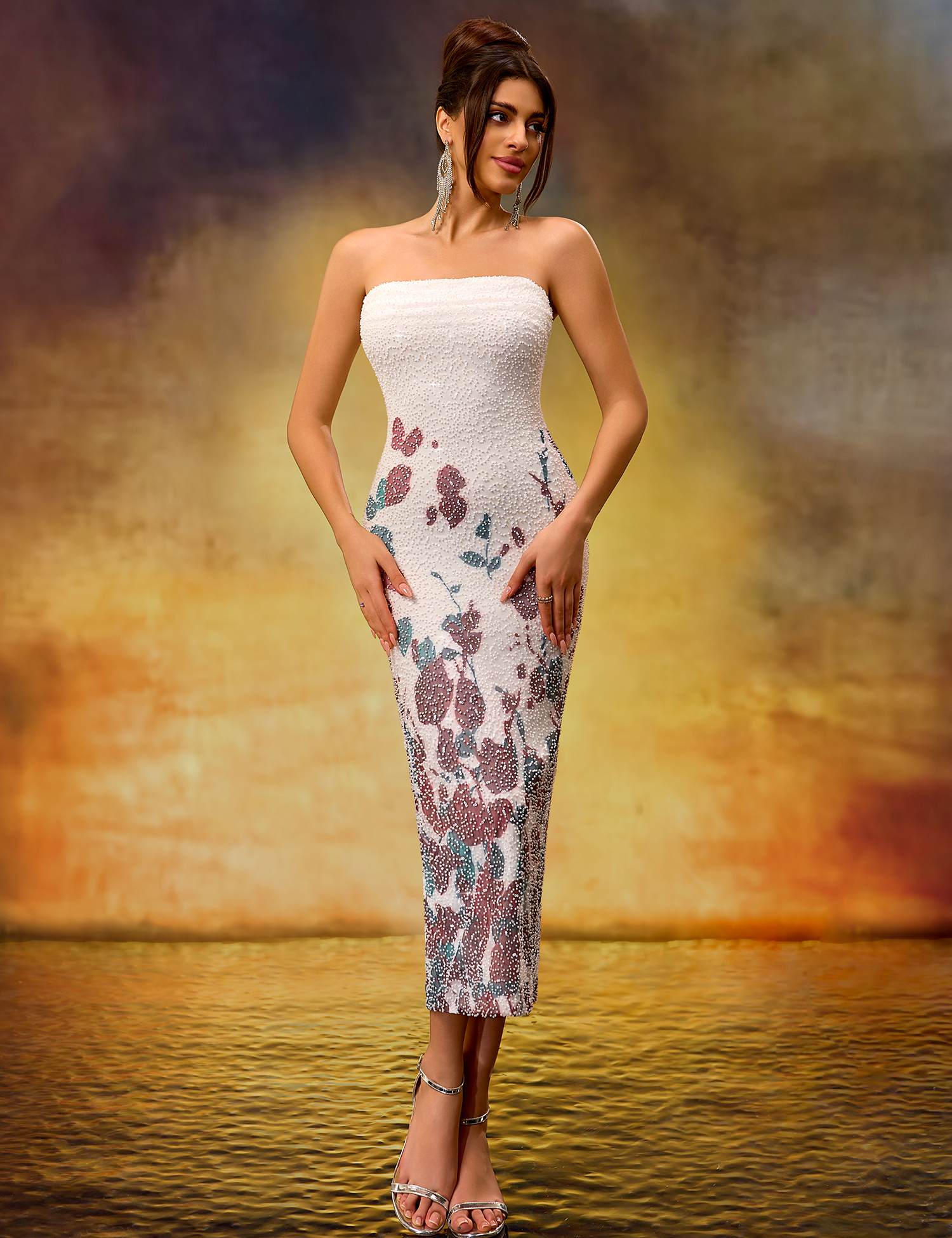 Heavy Beaded Embroidered Slim-Fit Stretch Mid-Length Strapless Dress with White Base and Prints