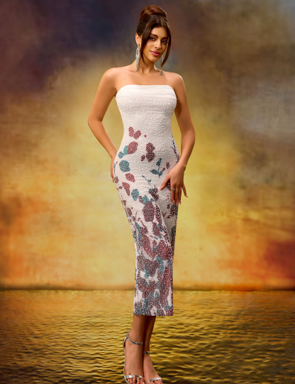 Heavy Beaded Embroidered Slim-Fit Stretch Mid-Length Strapless Dress with White Base and Prints