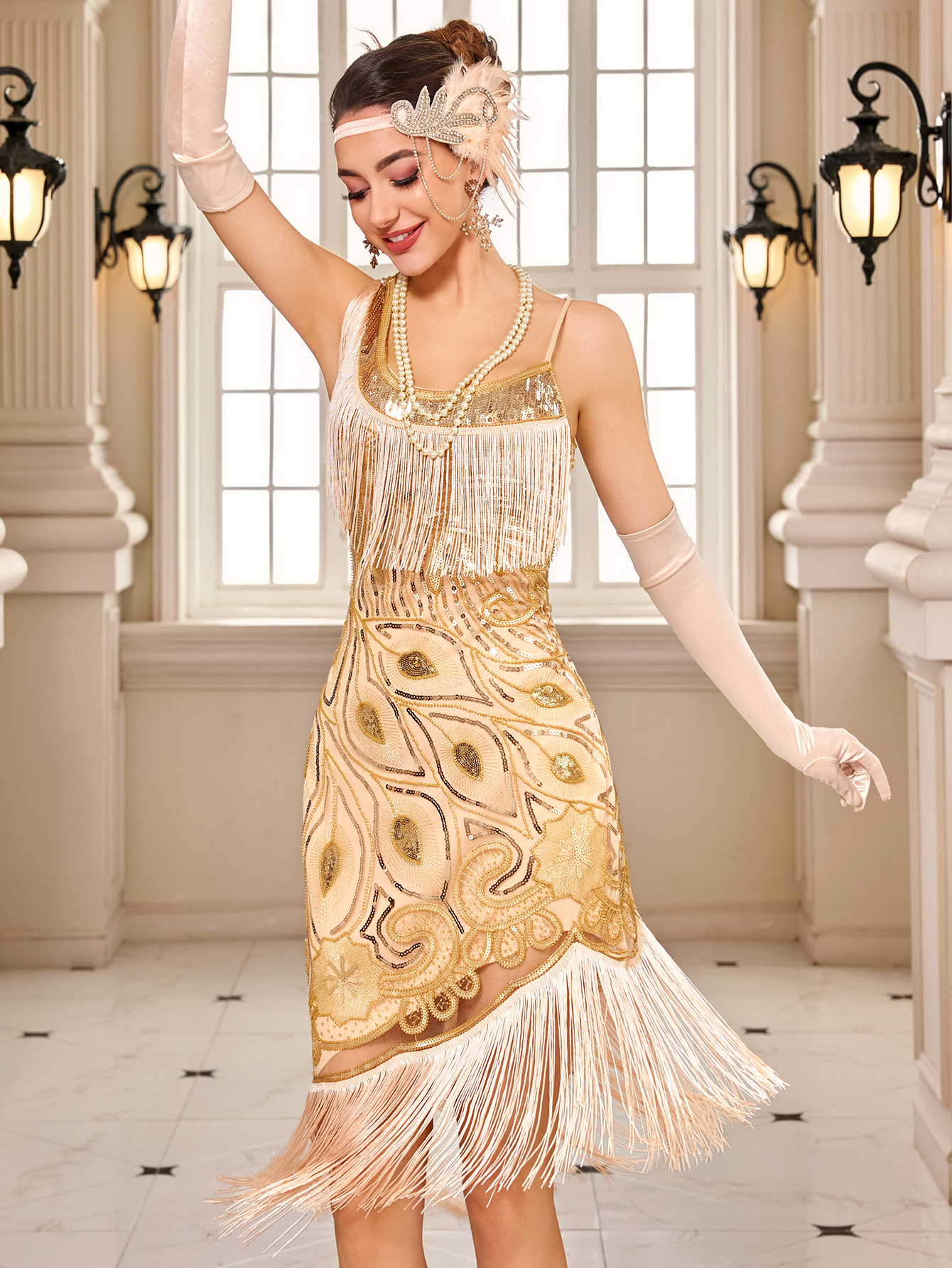 1920s Gatsby Champagne Dress for Cocktail Party, Beaded and Embellished Retro Style Party Gown, Irregular Tassel Hem