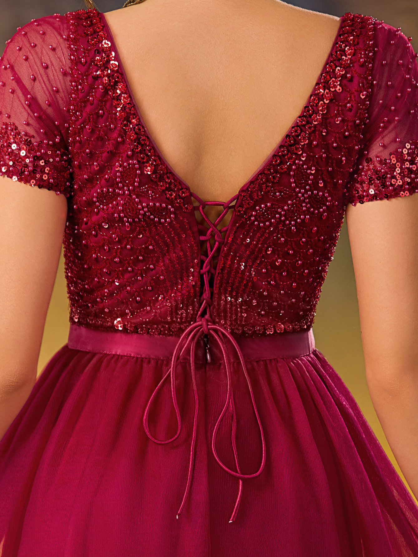 Modest Sequins Beaded Evening Gown V-Neck Waist With Stretch A Swing Party Dress For Birthday Party,Wedding Guest,Red Carpet