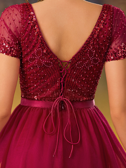 Modest Sequins Beaded Evening Gown V-Neck Waist With Stretch A Swing Party Dress For Birthday Party,Wedding Guest,Red Carpet